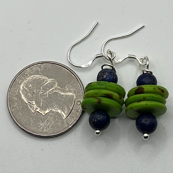 ARTISAN LAPIS AND DYED HORN EARRINGS WITH STERLING SILVER HOOKS - Picture 2 of 5